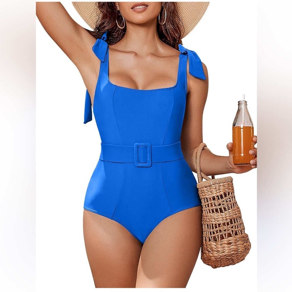 Women’s Vibrant Blue One Piece Swimsuit with Tie straps & Belt